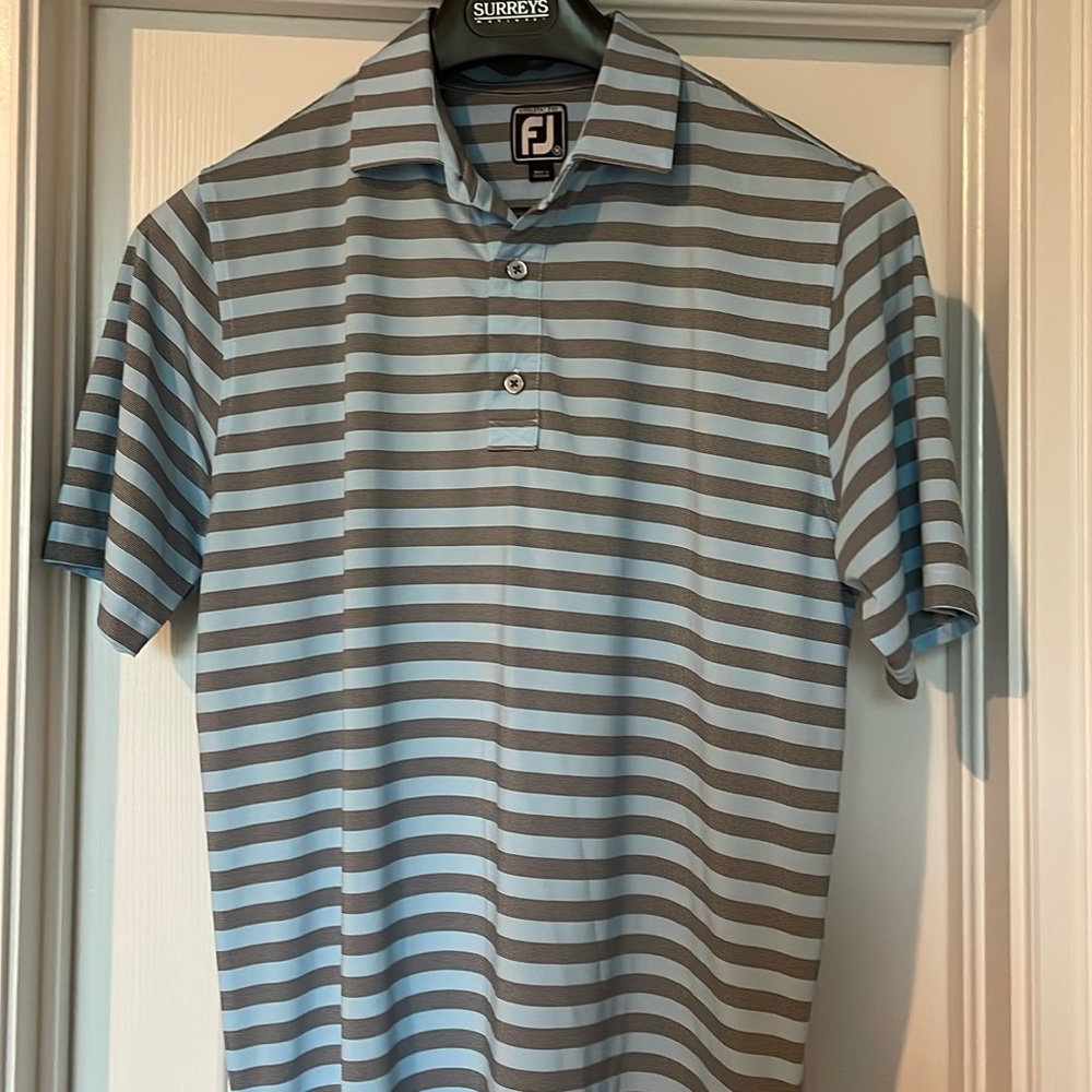 Men’s Footjoy Athletic Fit Golf Shirt Iceblue with black stripes medium